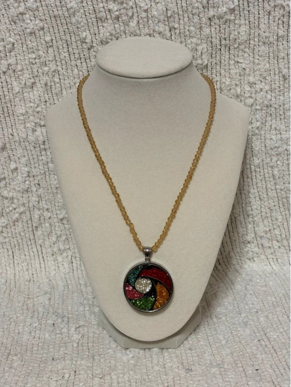 Multicolor Kaleidescope Crystals Round Pendant on Beaded Statement Necklace